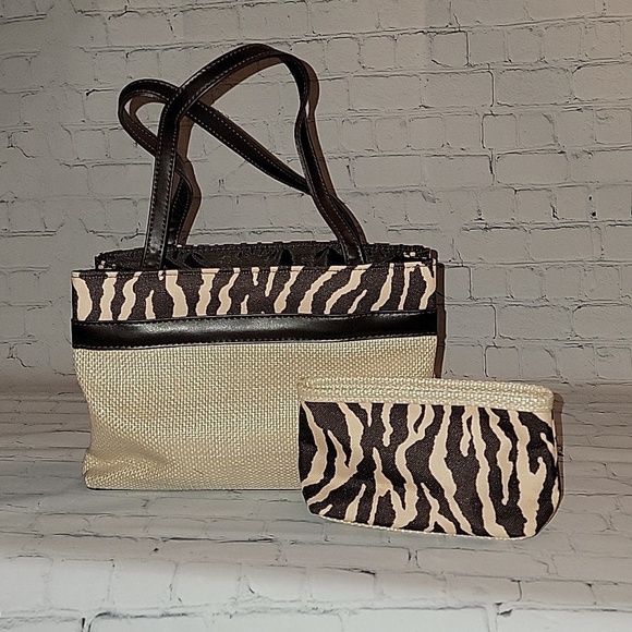 Estee Lauder Handbags - Estee Lauder Mini Tote with coin purse Tan Burlap and Brown and Tan Zebra Print